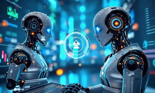 Futuristic Robots Collaborating on Data Analysis