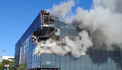 Crisis situation with glass commercial building exterior partially collapsed, with strong light and smoke coming from inside