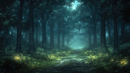 Obraz premium Misty forest path. Luminous green undergrowth. Deep woods