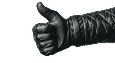 Png of A male hand in a black leather glove giving a thumbs up, symbolizing approval and positivity against a dark background.