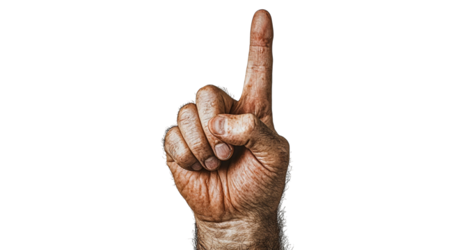 Png of A close-up of a human hand, raised with the index finger pointing upwards, symbolizing a gesture of importance or a call to attention.
