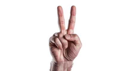 Png of A close-up of a Caucasian male hand showing a peace sign against a black background, symbolizing harmony and positivity.