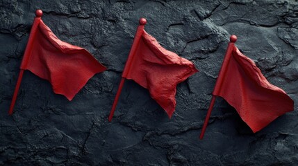 Concept of fraud warning. Small red flags are placed on a textured surface, creating a striking visual with a sense of alertness and concern.