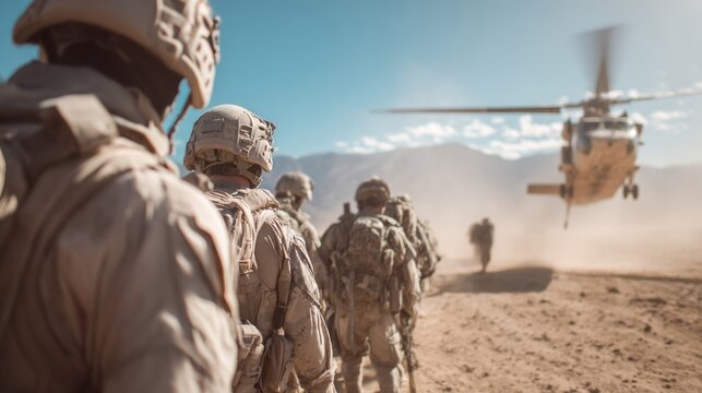 Soldiers monitor helicopter landing in arid terrain, highlighting camouflage and military readiness