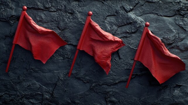 Concept of fraud warning. Small red flags are placed on a textured surface, creating a striking visual with a sense of alertness and concern.
