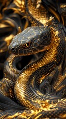 Intricate golden-black snake in artistic pose.