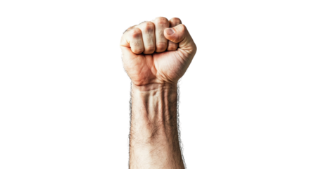 Png of A powerful clenched fist symbolizing strength and determination, showcasing a male hand with visible veins and a natural skin tone.