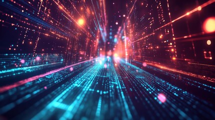 Fototapeta premium Futuristic digital tunnel with vibrant glowing lines and data streams.