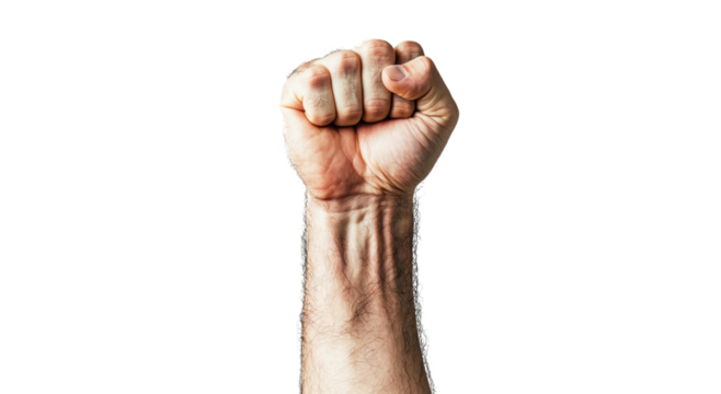 Png of A powerful clenched fist symbolizing strength and determination, showcasing a male hand with visible veins and a natural skin tone. - Powered by Adobe