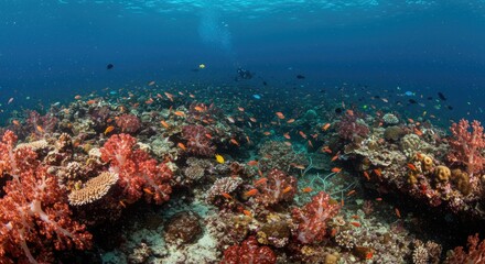Fototapeta premium A deep blue sea view filled with beautiful various coral and small fish 