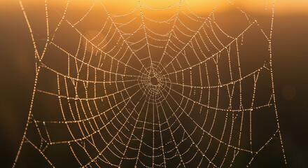 Obraz premium Delicate Orb Web Enshrouded in Dewdrops, Bathed in Gentle Golden Light