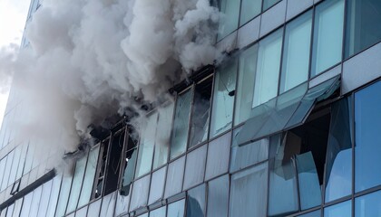 Crisis situation with glass commercial building exterior partially collapsed, with strong light and smoke coming from inside