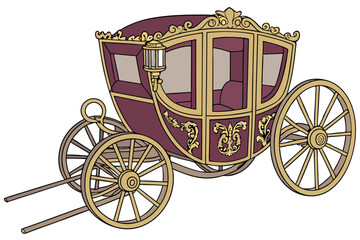 140 ornate, vintage carriage, elaborate patterns, gold trim, intricate carvings, burgundy velvet upholstery, wooden wheels, steam punk, fantastical, detailed, fantasy, digital art