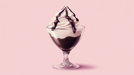 Vanilla Swirl Delight Dessert Glass on Pink Background with Chocolate Drizzle.