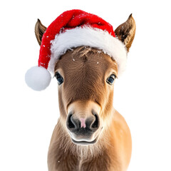 Little brown stallion in Santa hat looking at camera, Year of Horse concept, isolated on transparent background