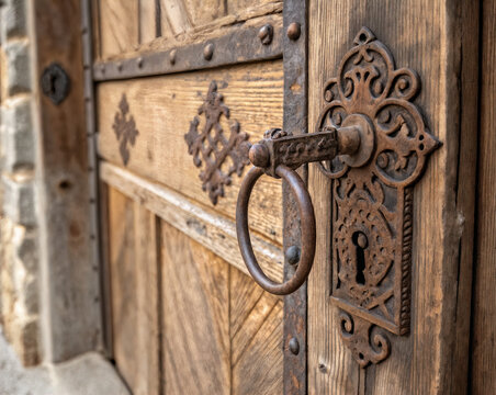 shows a close-up of a wooden door with intricate metal carvings and a large circular handle. The door appears to be quite old and has a rustic, ornate design. - Powered by Adobe