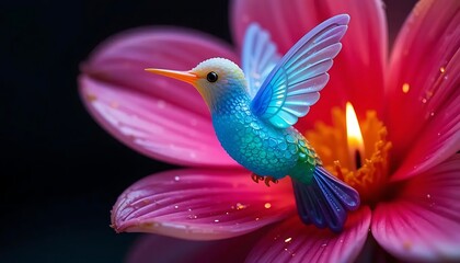 Obraz premium Vibrant hummingbird rests gently on a blooming pink flower with a candle flame glowing brightly in the background, creating a magical and serene atmosphere, capturing nature's beauty