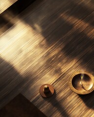 Elegant lighting on wooden table with artifacts.