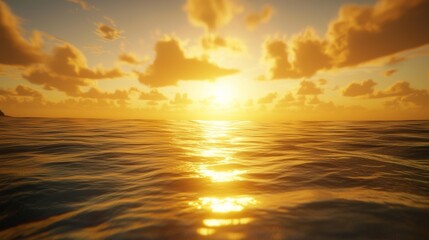 Obraz premium Golden sunset over calm ocean waters reflecting warm hues and fluffy clouds near the horizon in the evening sky