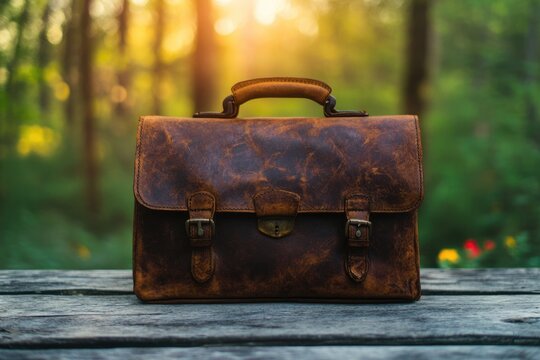 A vintage leather briefcase sits on a weathered wooden surface against a blurred background of trees and sunlight, exuding a sense of rustic elegance.