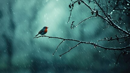A robin perched on a branch, the rain falling in soft waves around it, with the birdâ€™s red chest glowing against the gray sky.