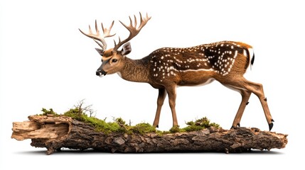 Elegant deer standing on a mossy log with detailed antlers and fur, isolated on white background, wildlife animal, natural forestry habitat, peaceful