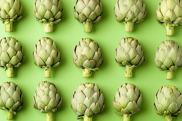 Obraz premium Artichoke Array Fresh Green Veggies in Neat Rows on Green.