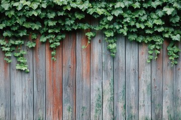 Fototapeta premium A weathered wooden fence is draped with lush green ivy, creating a natural, textured backdrop with rustic charm.
