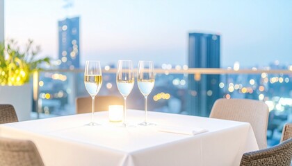 Naklejka premium A rooftop terrace illuminated by galaxy lights, a table with champagne glasses on it with the city lights in the background