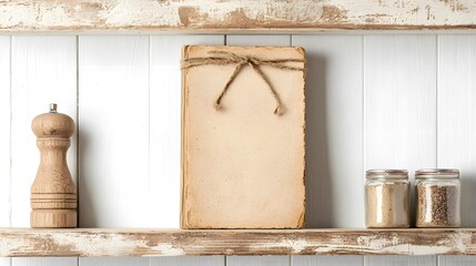 Rustic White Kitchen Shelf with Vintage Book Spices and Pepper Grinder