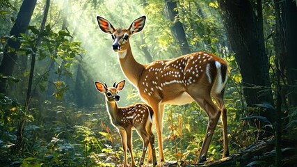 Forest fawn and mother deer. Sunlight streams through the lush foliage