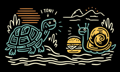 Whimsical Turtle and Snail Doodle Art on Black Background