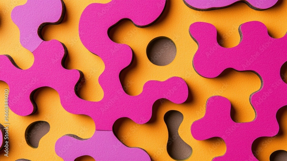 Poster abstract pattern of interlocking shapes in bright colors.