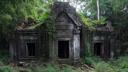 Ancient temple ruins overgrown with jungle foliage