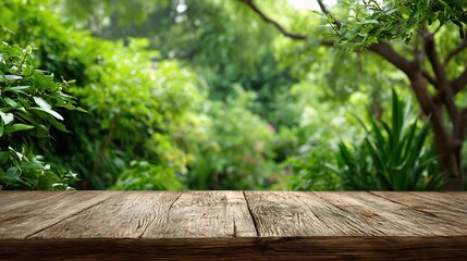 Wooden Table Surrounded by Lush Green Garden Scene in Foreground