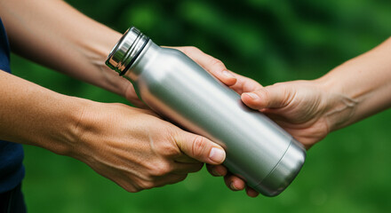 Passing of a reusable stainless steel water bottle in a green environment