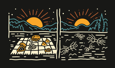 Hand-Drawn Doodle of Picnic Scene with Sunset and Ants