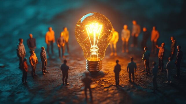 A group of miniature people gathered around a glowing lightbulb, symbolizing brainstorming, innovation, and collective thinking.