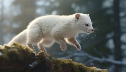 Obraz premium Snow marten running and jumping in the arctic regions green frost forest, rare animal sighting in snowy forest