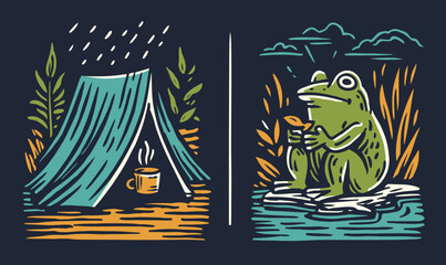 Fototapeta premium Playful Doodle of Camping Scene and Frog Sitting with Cup