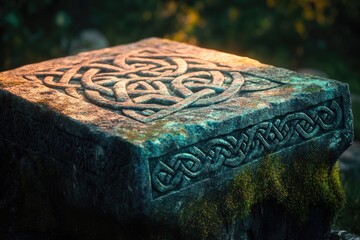 Ancient stone artifact with Celtic knot carvings, covered in moss, bathed in golden light, evoking mystery.