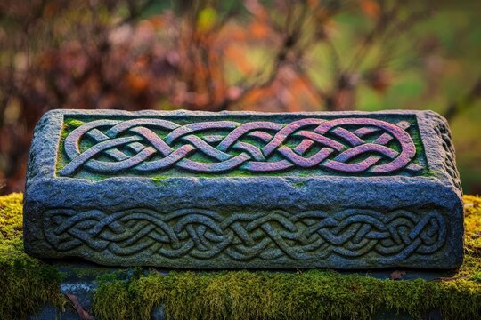A weathered stone block with Celtic knot carvings sits moss-covered amidst a blurry backdrop of autumnal foliage.