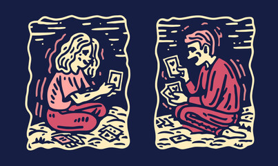 Hand-drawn Doodle of Two People Sharing Memories with Old Photos