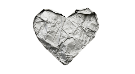 Png of A crumpled silver heart shape symbolizing love and emotions, set against a clean black background.