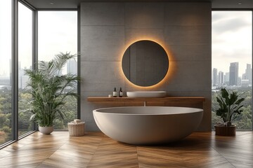 Fototapeta premium Modern bathroom interior with a stunning view.