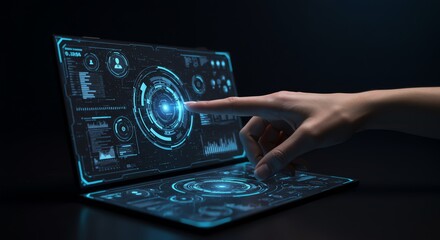 Hand touching futuristic technology interface on screen