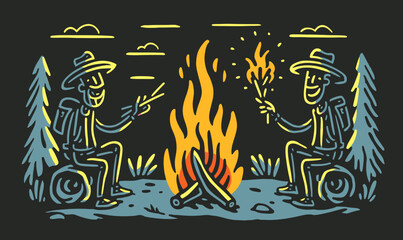 Two Campers Enjoying a Cozy Campfire in a Rustic Style Doodle
