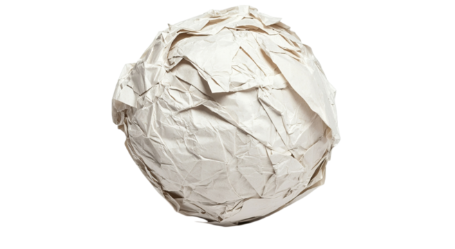 Png of Crumpled white paper ball on a plain background, showcasing texture and form with an artistic touch.