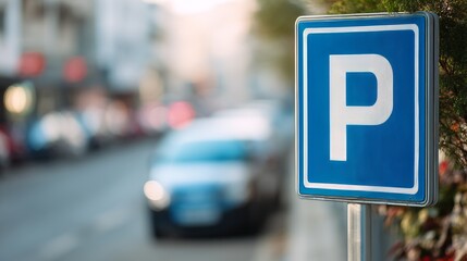 Designated vehicle parking signage  blue and white  p  sign with cars softly blurred in background