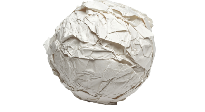 Png of Crumpled white paper ball, showcasing texture and dimension against a clean backdrop.
